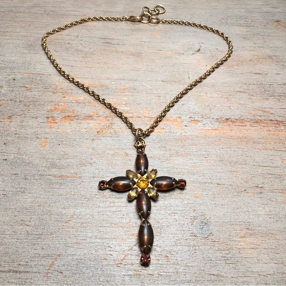 Vintage Gold Toned Amber Rhinestone Cross Necklace